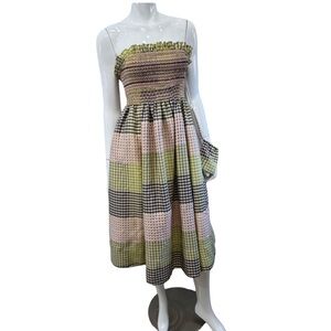 Maeve Anthropologie Smocked Strapless Plaid Midi Dress Green Pink Size S